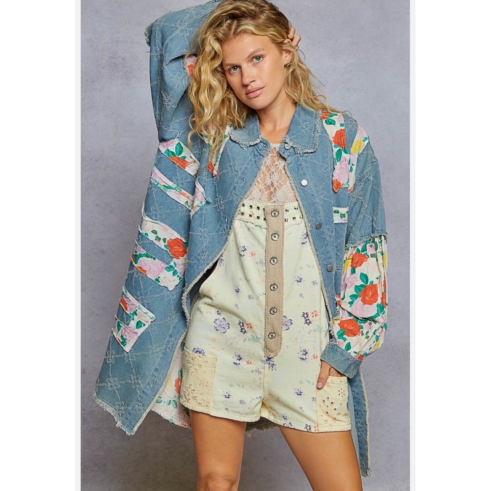 NEW POL Blue Floral Patchwork Denim Jacket - Oversized. Will fit Plus Size